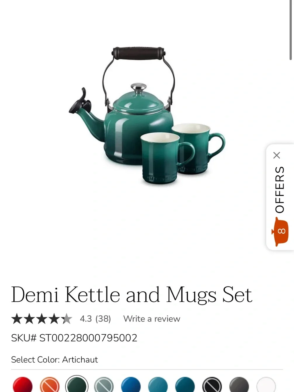 Le Creuset Teal Enamel Cast Iron Whistling Kettle with Two Teal Mugs